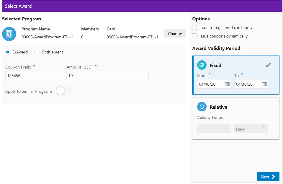 This figure shows the Select Award Certificate Options