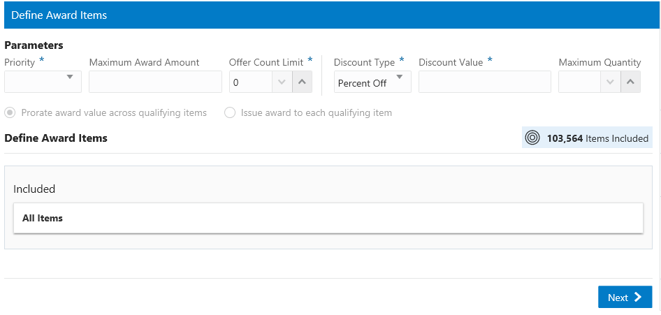 This figure shows the Define Award Items Tab