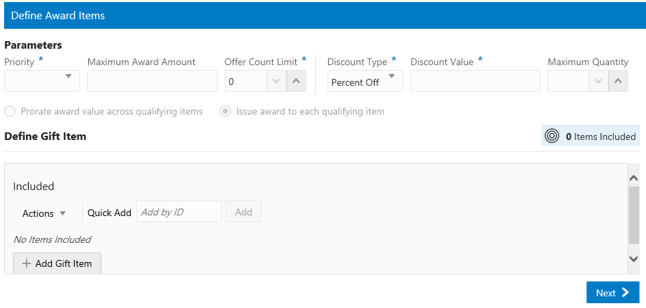 This figure shows the Define Award Items Tab - Gift with Purchase