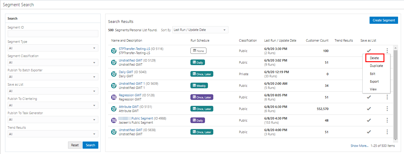 This figure shows the Overflow Menu Options (Segments Advanced Search)
