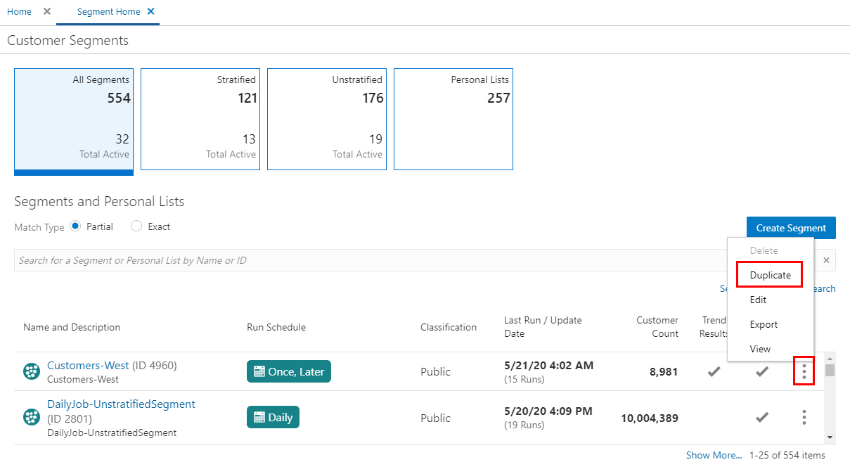 This figure shows the Overflow Menu Options for Segment Quick Search