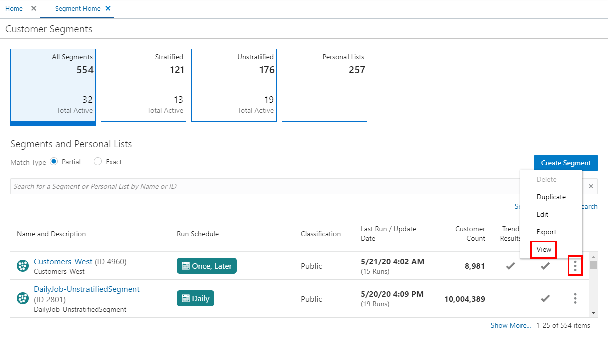 This figure shows the Overflow Menu Options - Segments Quick Search