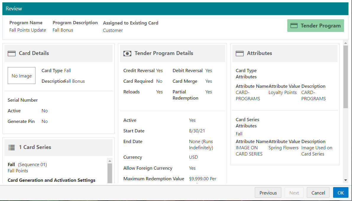 Tender Program - Review Tab (Assigned to Existing Card)