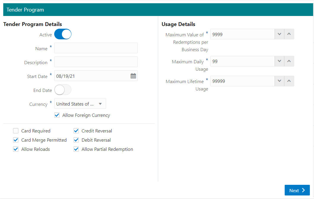 This figure shows the Tender Program Tab