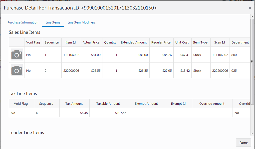 This figure shows the Purchase Details for Line Items