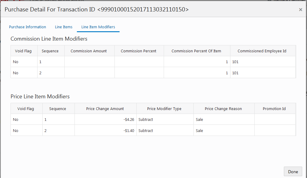 This figure shows the Purchase Detail for Line Item Modifiers