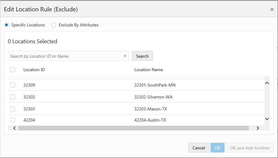 This figure shows the Edit Location Rule - Exclude for Specific Locations