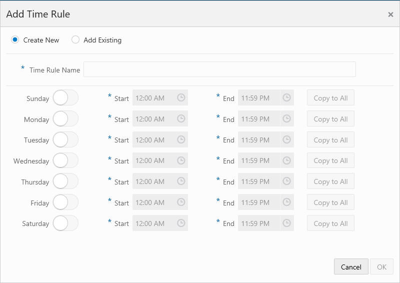 This figure shows the Add Time Rule - Create New