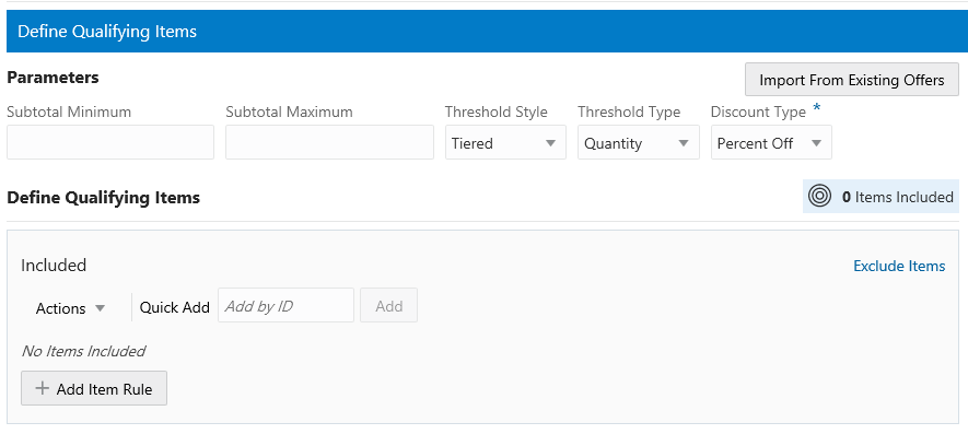 This figure shows the Qualifying Items Tab for Tiered Discount