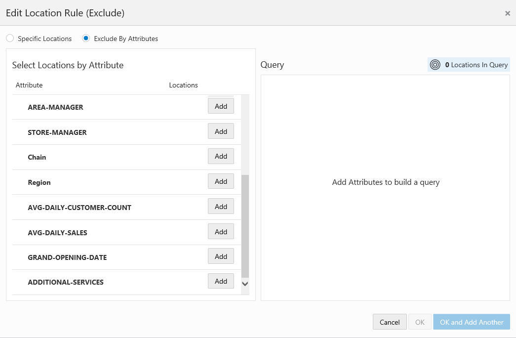This figure shows the Edit Location Rule - Exclude - Exclude by Attributes
