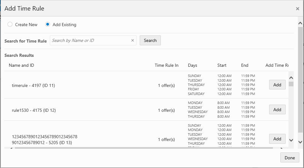 This figure shows the Add Time Rule - Add Existing