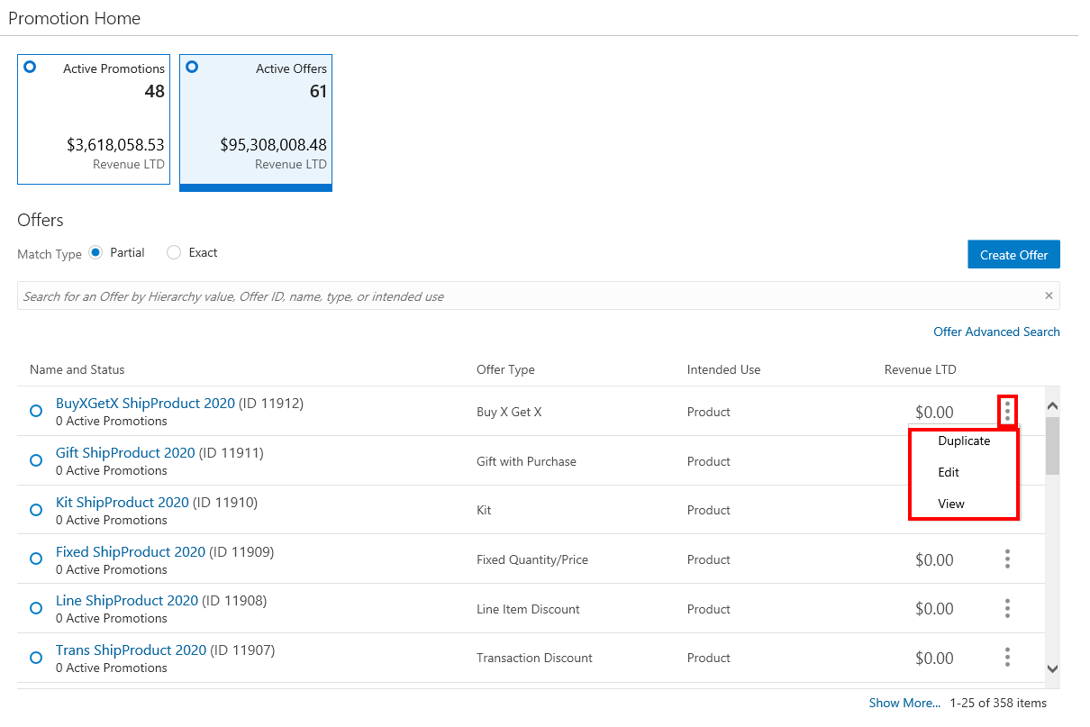 This figure shows the Action Menu Options - Offers Quick Search