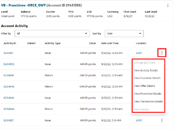 Loyalty Account Activity Actions Menu