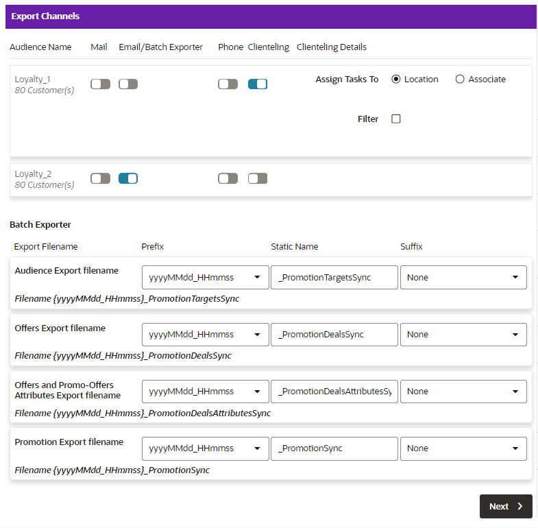 This figure shows the Export Channels Tab