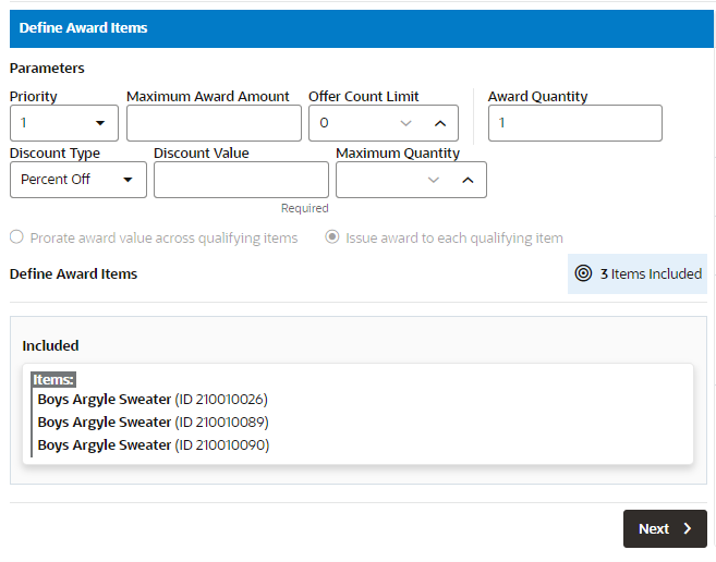 This figure shows the Define Award Items Tab - Buy X Get X