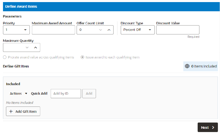 This figure shows the Define Award Items Tab - Gift with Purchase