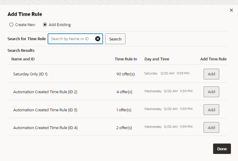 This figure shows the Add Time Rule - Add Existing