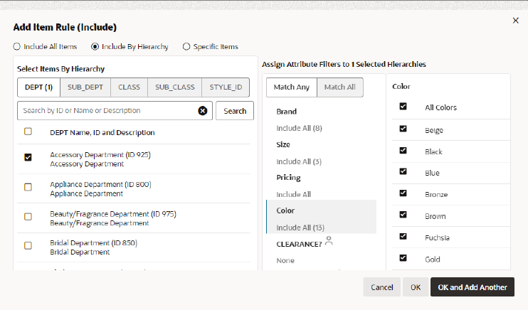 This figure shows the Add Item Rule - Include by Hierarchy