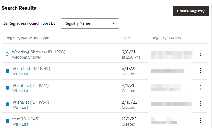 This figure shows the Registries Found List