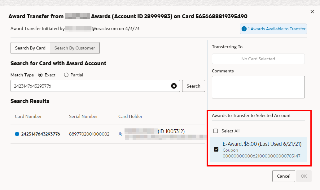Awards to Transfer to Selected Account