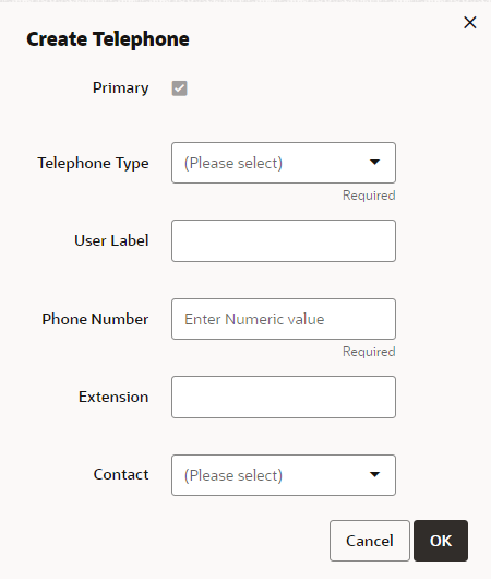 This figure shows the Create Telephone dialog
