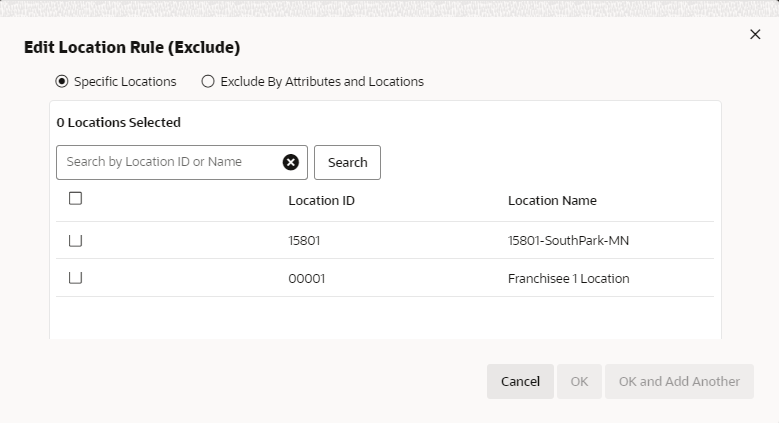 This figure shows the Edit Location Rule - Exclude for Specific Locations