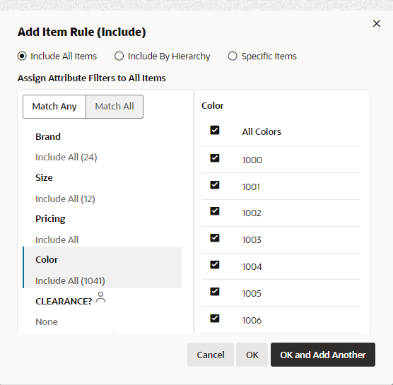 This figure shows the Add Item Rule - Include All Items