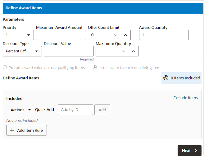 This figure shows the Define Award Items Tab - Buy X Get X