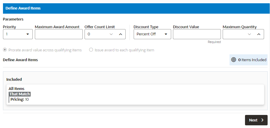 This figure shows the Define Award Items Tab