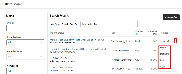 This figure shows the Overflow Menu Options - Offers Advanced Search