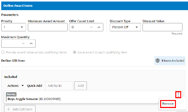 This figure shows the Included Gift Item Overflow Menu - Remove