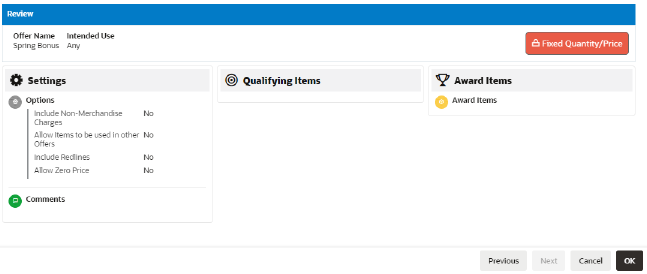 This figure shows the Review Tab - Fixed Quantity/Price