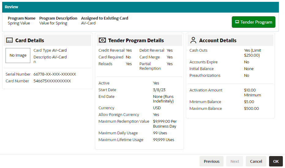 Tender Program - Review Tab (Assigned to Existing Card)