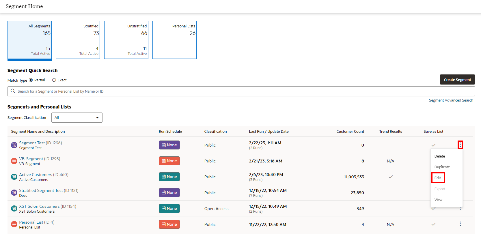 This figure shows the Overflow Menu Options - Segment Quick Search