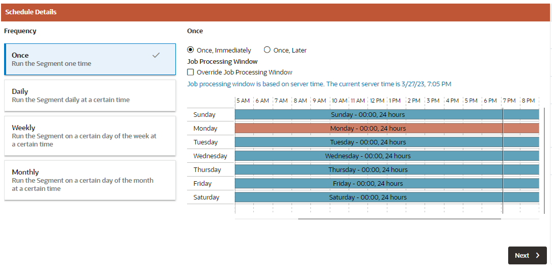This figure shows the Schedule Frequency; Once, Immediately