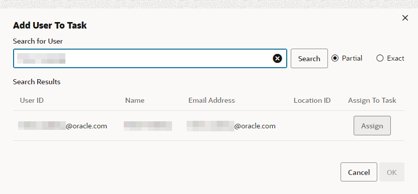 This figure shows the Add User to Task- Search Results