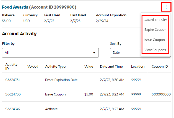 Award Account Actions Menu Award Account Actions Menu