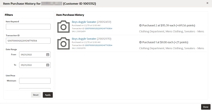 This figure shows the Item Purchase History Details