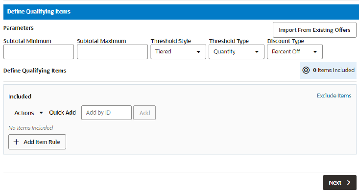 This figure shows the Qualifying Items Tab for Tiered Discount