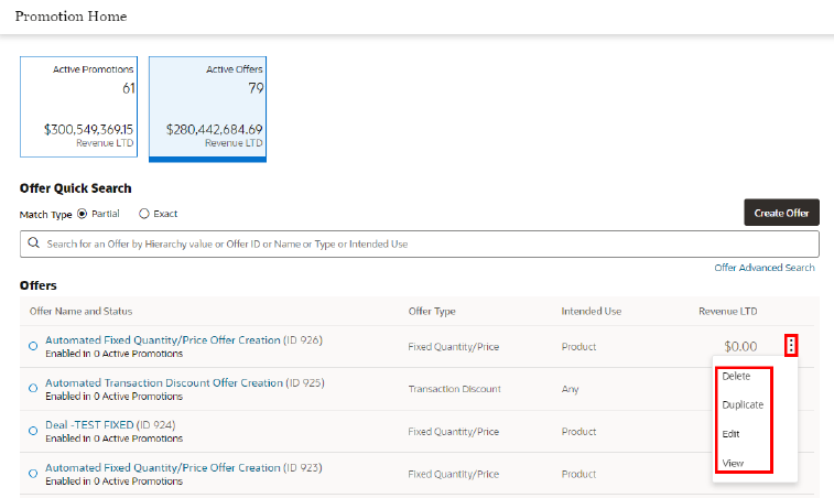 This figure shows the Overflow Menu Options - Offers Quick Search