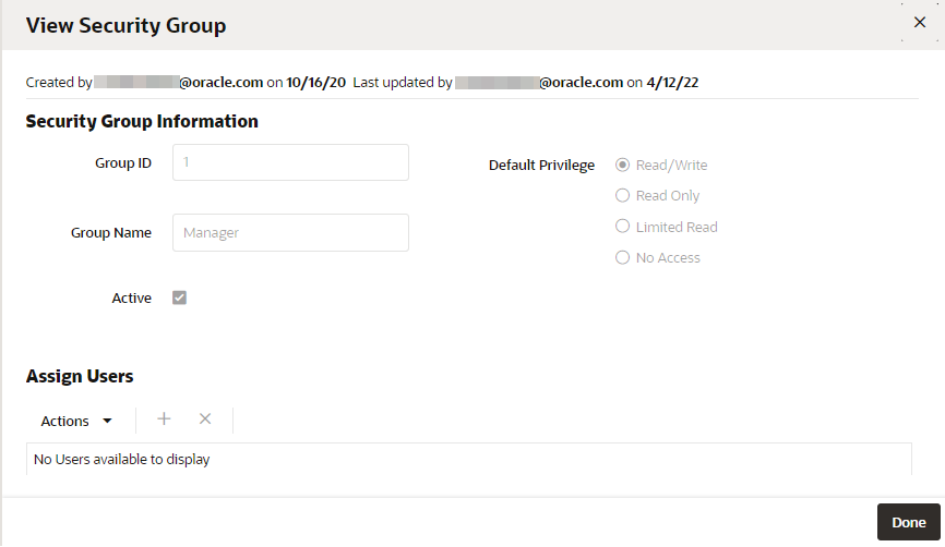 This figure shows the View Security Group