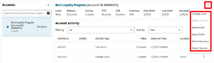Loyalty Account Actions Menu Loyalty Account Actions Menu