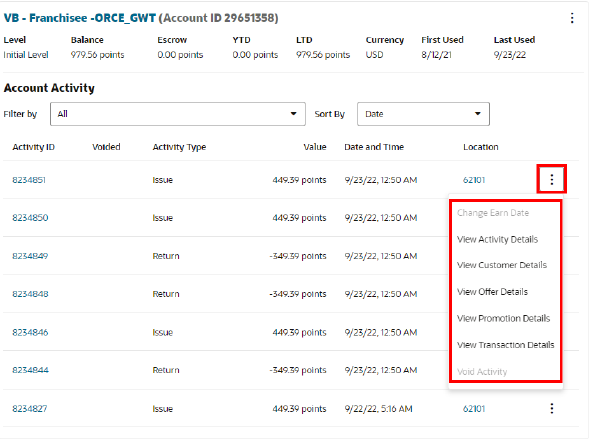 Loyalty Account Activity Actions Menu Loyalty Account Activity Actions Menu