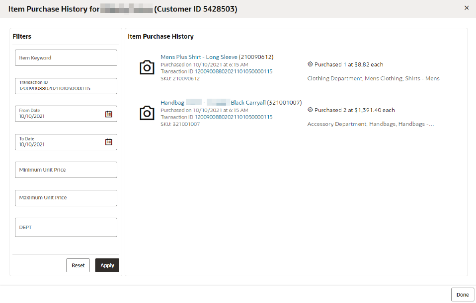 This figure shows the Item Purchase History Details