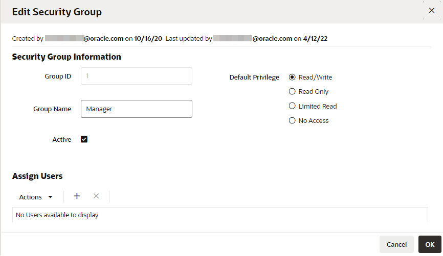 This figure shows the Edit Security Group