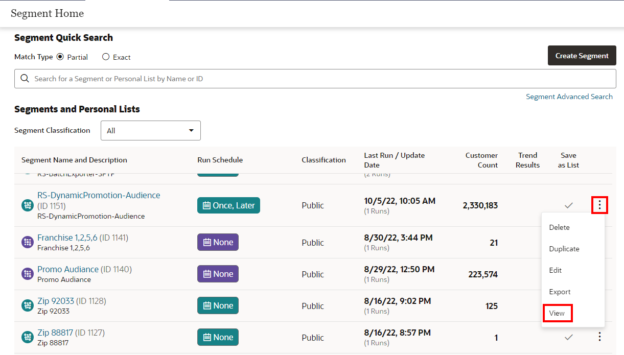This figure shows the Overflow Menu Options - Segments Quick Search