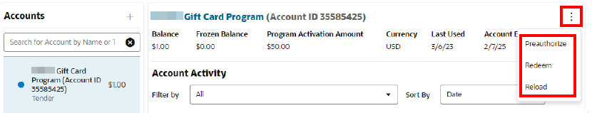 Tender Account Actions Menu