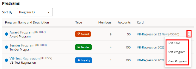 This figure shows the Action Menu Options - Programs Quick Search