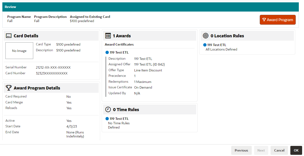 Award Program - Review Tab (Assigned to Existing Card)