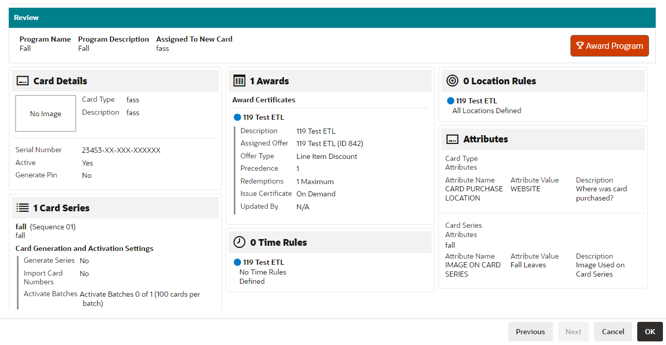 Award Program - Review Tab (Assigned to New Card)